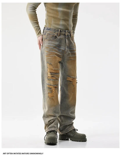 men patch hole distressed plus size denim pant ripped jeans streetwear fashion hip hop vibe loose casual baggy jeans trousers 40 unique jeans style 3080