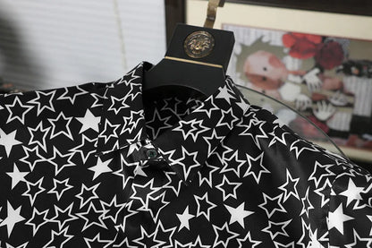 New 2022 Men 3D luxurious Classic Black White Star Print Fashion Silk Casual Shirts Shirt high Pocket Long-sleeves S 2XL #D276 Street King Limited