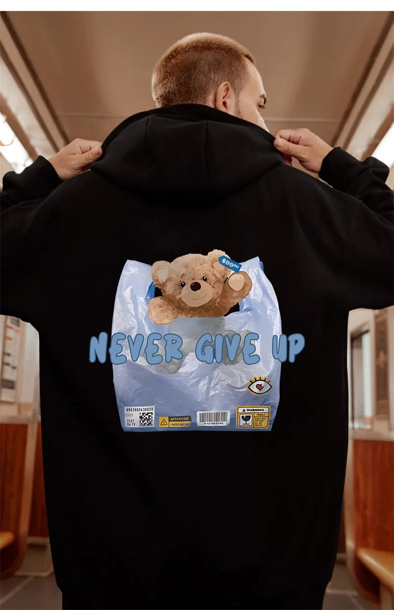 New Never Give Up Bear Printed Hoodies For Men Hip Hop Streetwear Pocket Pullover Sweatshirts Autumn Y2K Vintage Fleece Hoodie Street King Limited