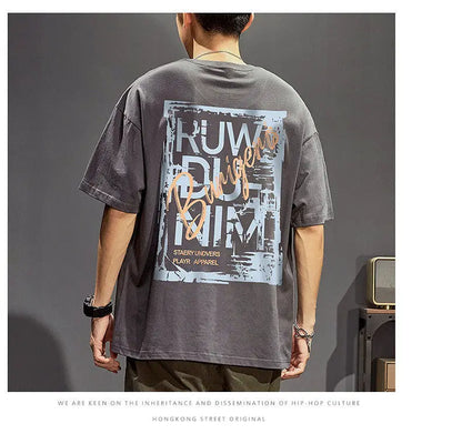Cotton short-sleeved t-shirt men's ins trendy summer American hip-hop national trend printed loose youth white tops men clothing Street King Limited