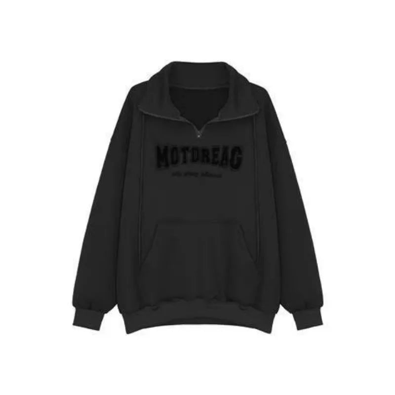 Street Half Zip Hoodie Mens Spring New Vintage Letter Embroidery Loose Sweatshirt Drawstring High Collar Big Pocket Pullover Top Street King Limited