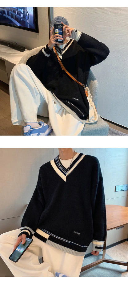 Pullovers Men Sweater Patchwork Ins Fashion Winter Design Couple V-neck Harajuku Knitwear Loose Students Simple Ropa Para Hombre Street King Limited