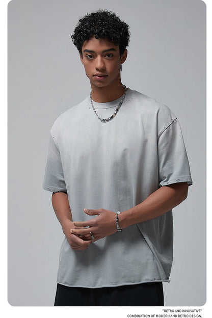 2024 Spring Summer New in Tops Tees Trendy Spray Dye Cut Damaged Washed Y2k Clothes Men's Short Sleeved T-shirt Oversized Street King Limited