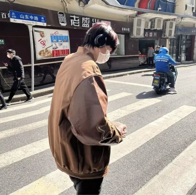 american retro mens baseball uniform street harajuku patchwork leather loose jackets color block towel embroidery trend coats unique default style 2933