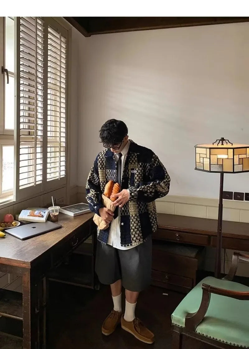 high street lattice mens jackets woven fabric single breasted loose harajuku shirt coats letter embroidered casual male tops unique default style 1824