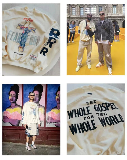 RRR123 Brand FASHION Jerry Same High-Street Print Gospel Cross Cotton Casual Long-Sleeved Roundneck Sweatshirt Pullover Street King Limited