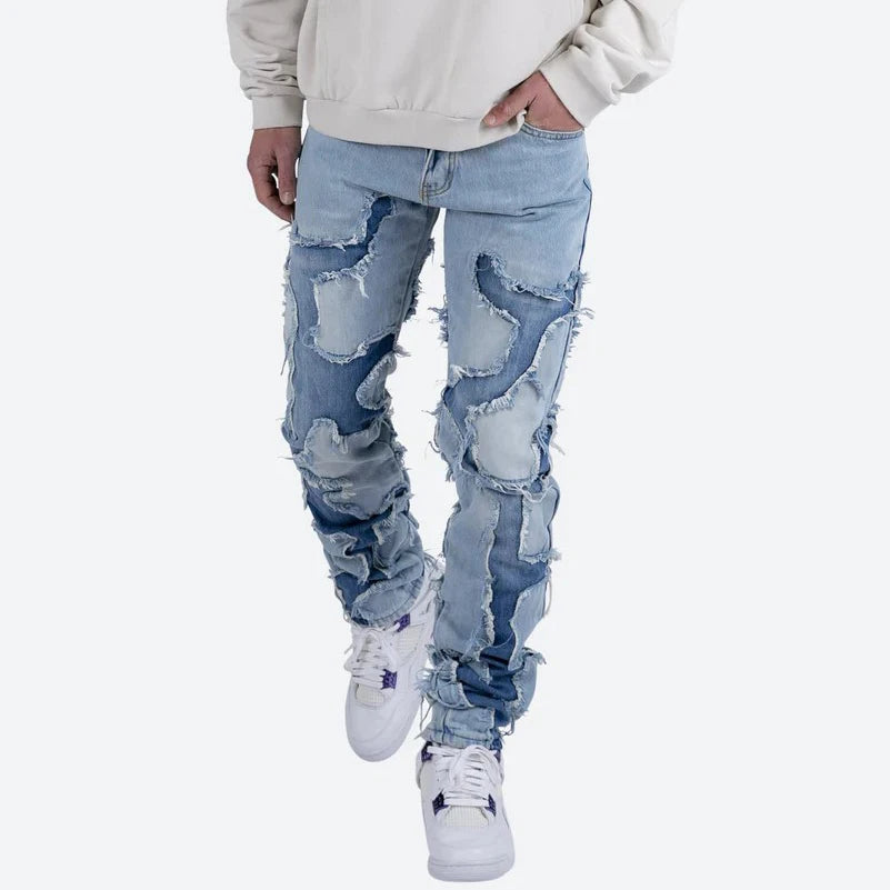 high street vibe style patchwork frayed jeans pants for men retro washed hole ripped casual loose denim trousers oversized vintage washed jeans