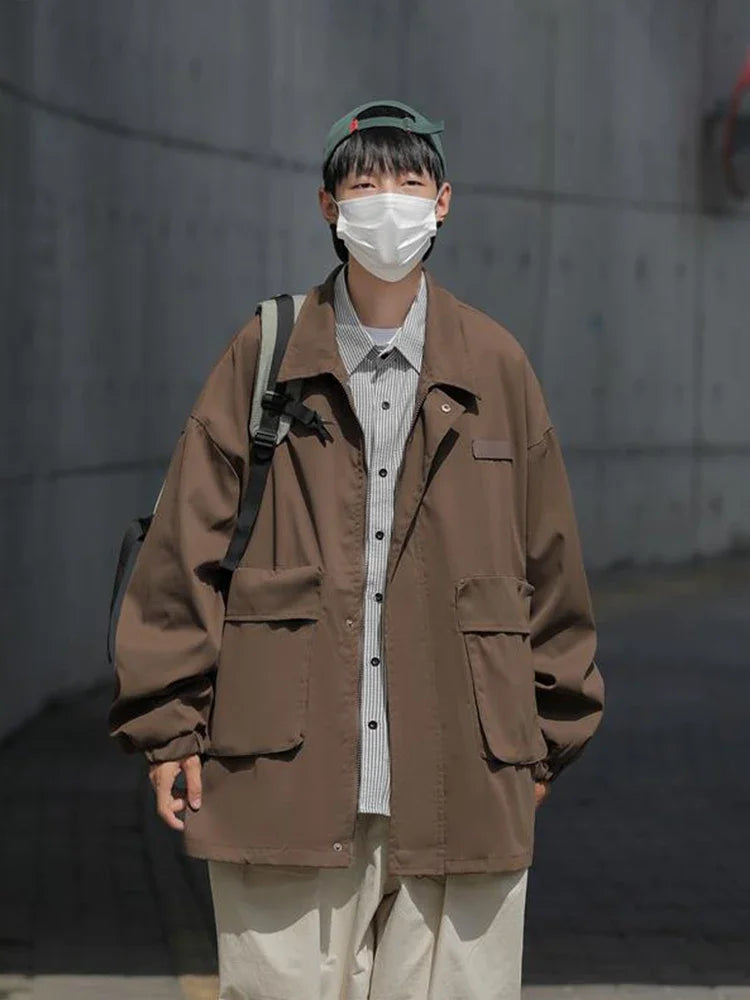 american casual cargo jacket for men autumn streetwear work zipper coat male varsity jackets loose chaquetas hombre clothes unique cargo style 1613