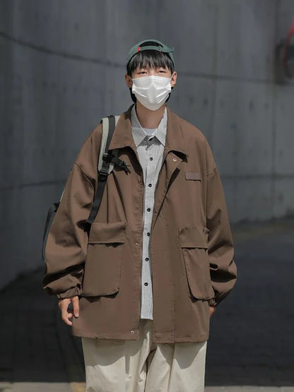 american casual cargo jacket for men autumn streetwear work zipper coat male varsity jackets loose chaquetas hombre clothes unique cargo style 1613