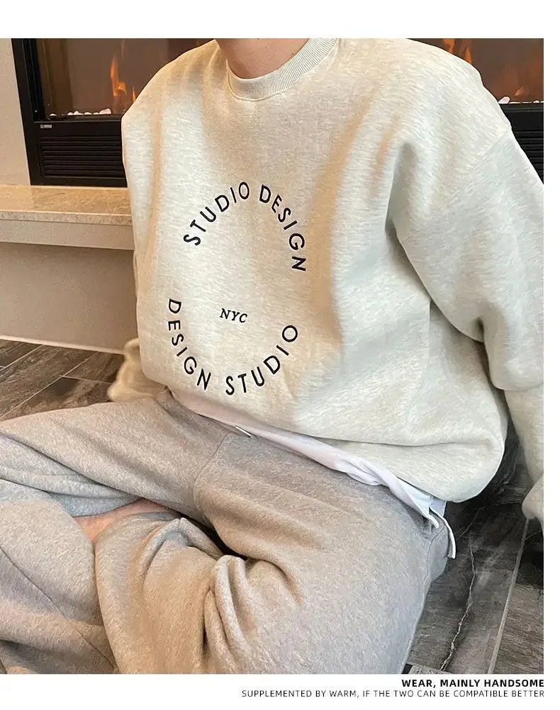 Cotton 2024 autumn and winter Korean style round neck sweatshirt men trendy brand handsome ins loose letter print top jacket emo Street King Limited