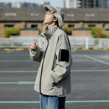 Outdoor Mens Charge Jacket Retro Loose Stand Collar Waterproof Tooling Coats Thin Color Blocked Zipper Hiking Windbreaker Street King Limited