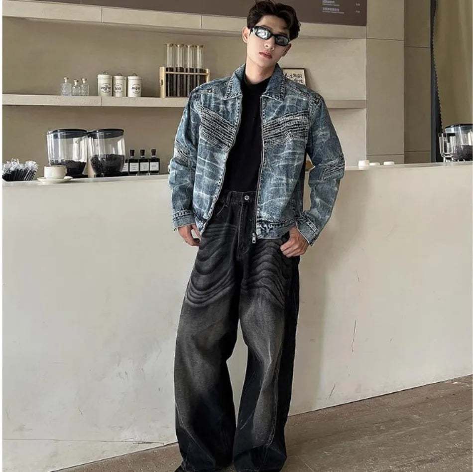 vintage washed mens denim jacket heavy weight high street contour pleat design cowboy coats short motorcycle hip hop outwear unique jeans style 3688