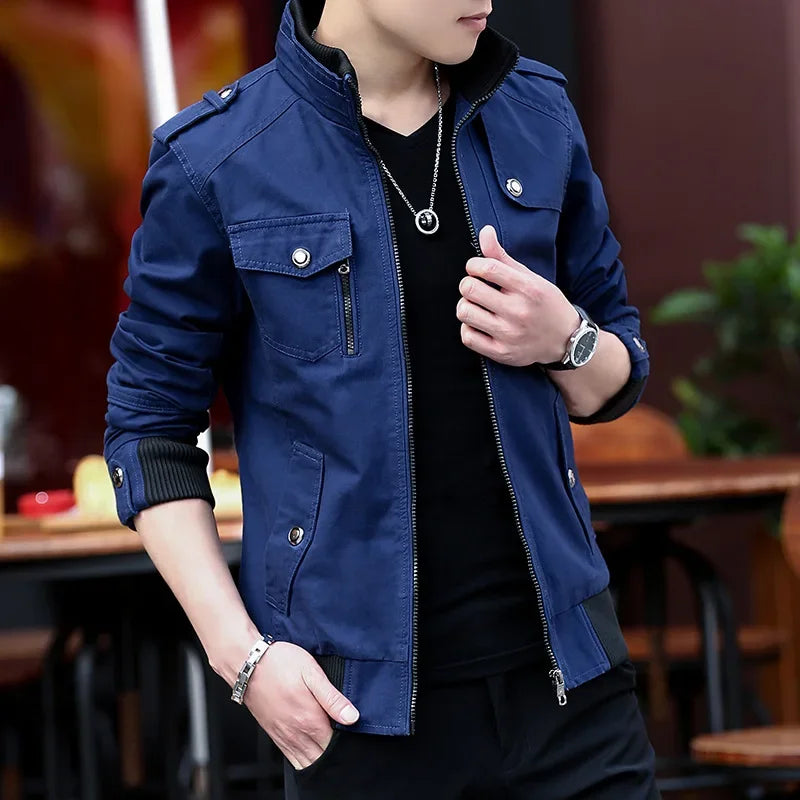 2024 spring autumn new mens jacket korean fashion stand up collar thick denim cargo pants pure cotton coat top clothes unique cargo style 4588