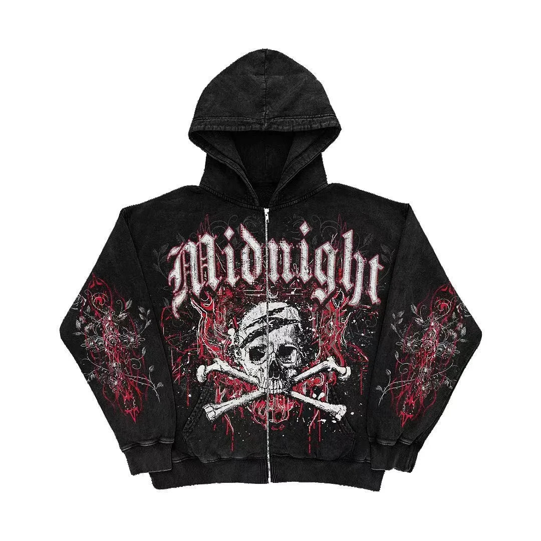 Retro Fashion Gothic Skull Bone Print Oversized Hoodie women Y2K Street Hip Hop Versatile Slim Casual Sweater Clothes Street King Limited