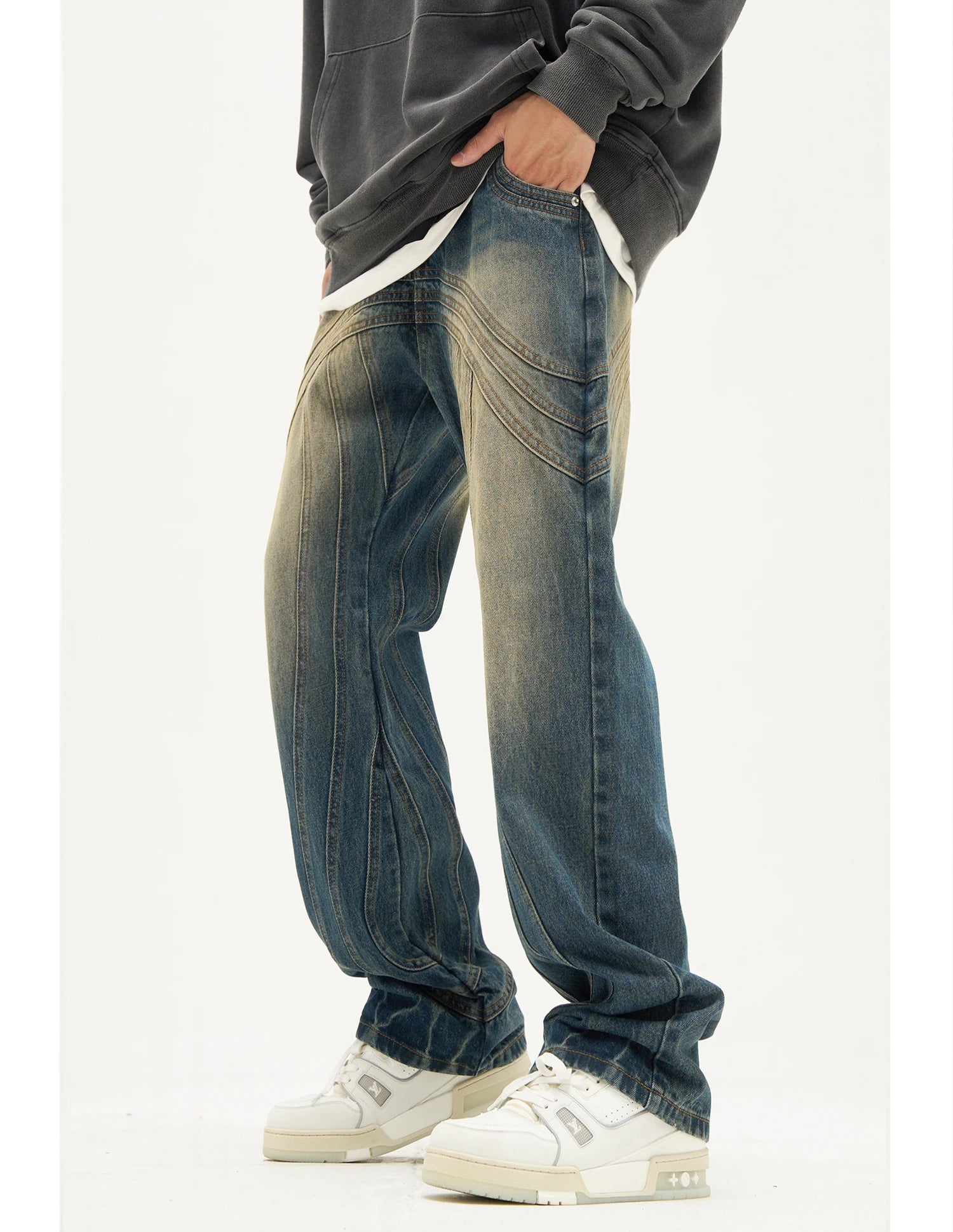 mens retro washed denim jeans loose straight pants 2023 new fashion streetwear trousers hip hop casual zipper jean pants joggers unique joggers style 1481