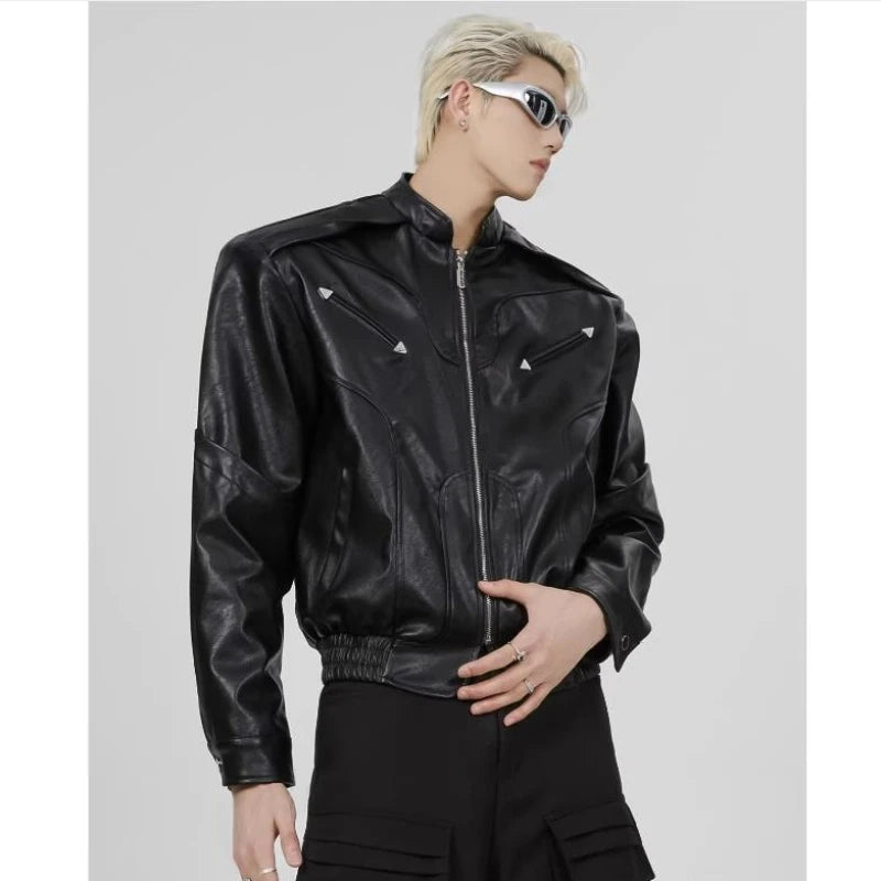 short pu leather jacket men shoulder pad stand collar trend bomber outwear 2023 korean streetwear zipper unisex motorcycle coat casual urban shorts