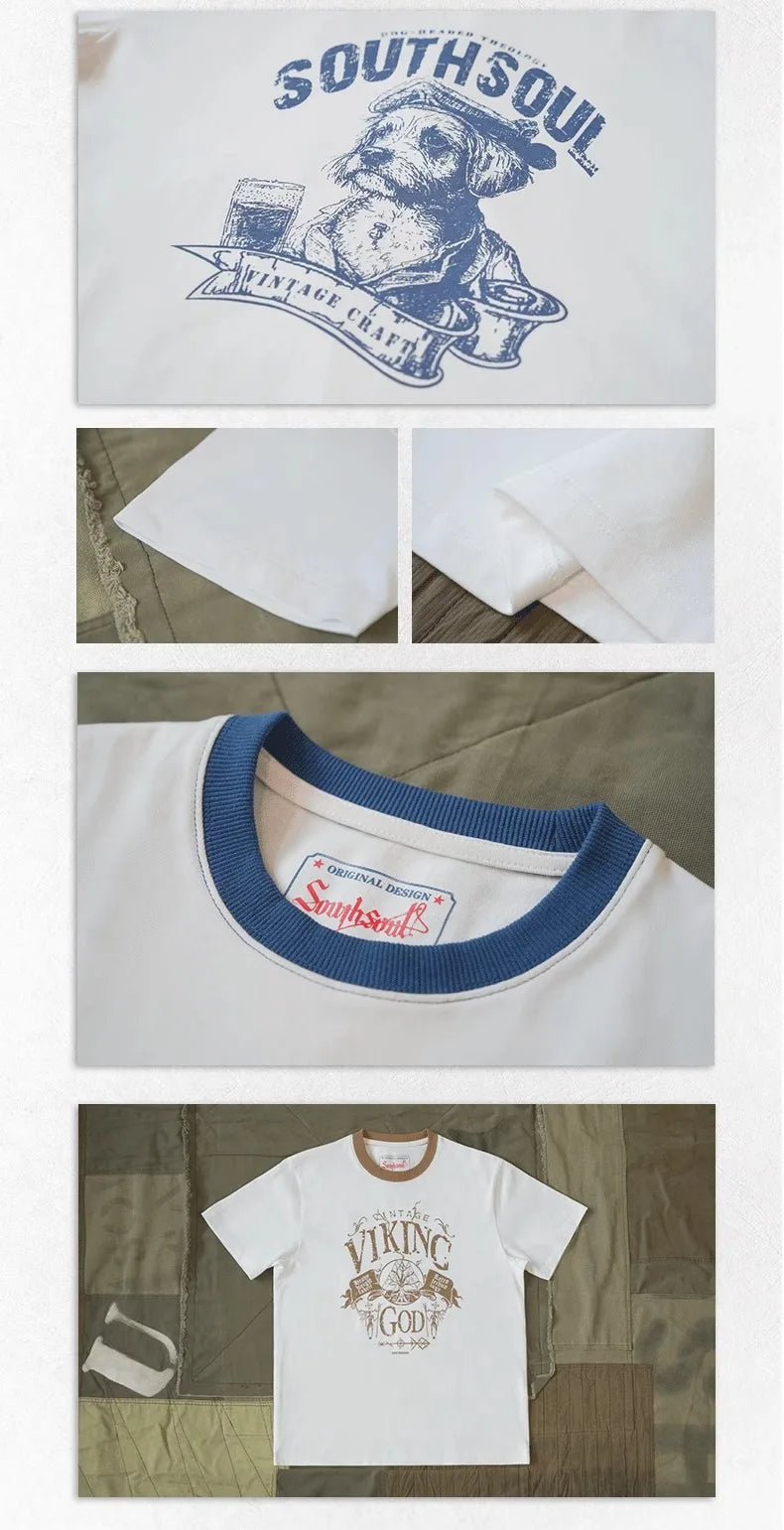 American vintage heavyweight cotton 280g contrasting thread print T-shirt for men with small neckline anti-shrinking Street King Limited