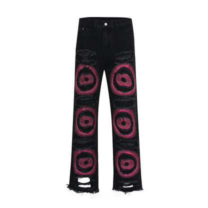 y2k streetwear embroidered ripped wide jeans for men washed destroyed torn flared jean male tassels hip hop jeans pants baggy ripped baggy denim