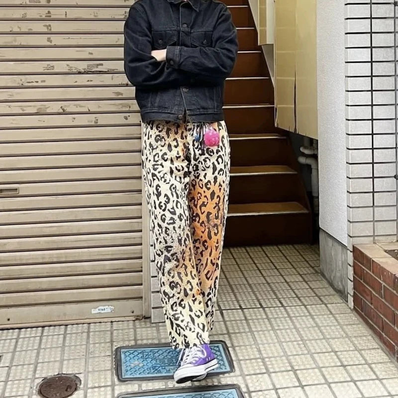 Vintage Leopard Patchwork Straight Baggy Jeans Pants Mens Streetwear Pockets Casual Unisex Denim Trousers Loose Cargo Pants Street King Limited