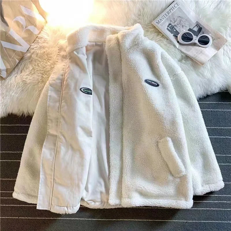 2024 autumn and winter new love lambswool cotton padded jacket double sided collar jacket couple loose jacket warm jacket y2k unique default style 4225