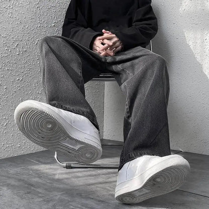 korean mens casual long jeans loose retro straight baggy pants denim wide leg pants light blue grey black retro washed jeans denim street jeans