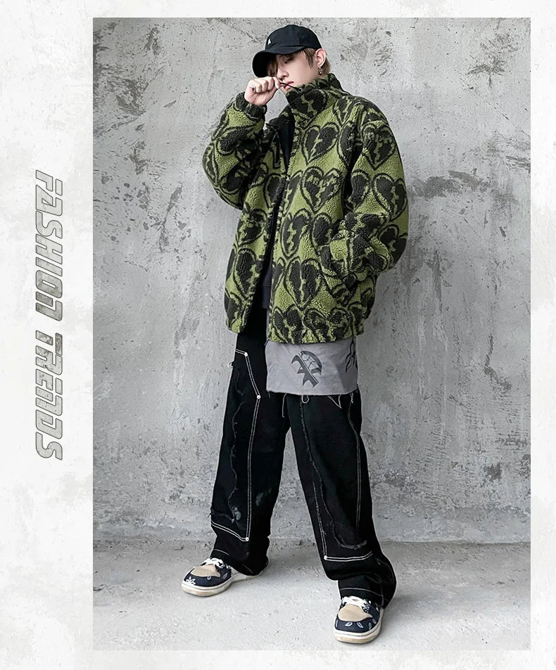 winter lambswool coat men casual streetwear grimace print parka hip hop grain fleece coat loose college warm outwear unisex new unique default style 4955