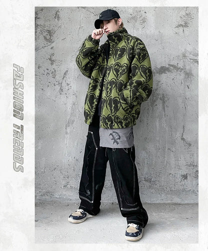 winter lambswool coat men casual streetwear grimace print parka hip hop grain fleece coat loose college warm outwear unisex new unique default style 4955