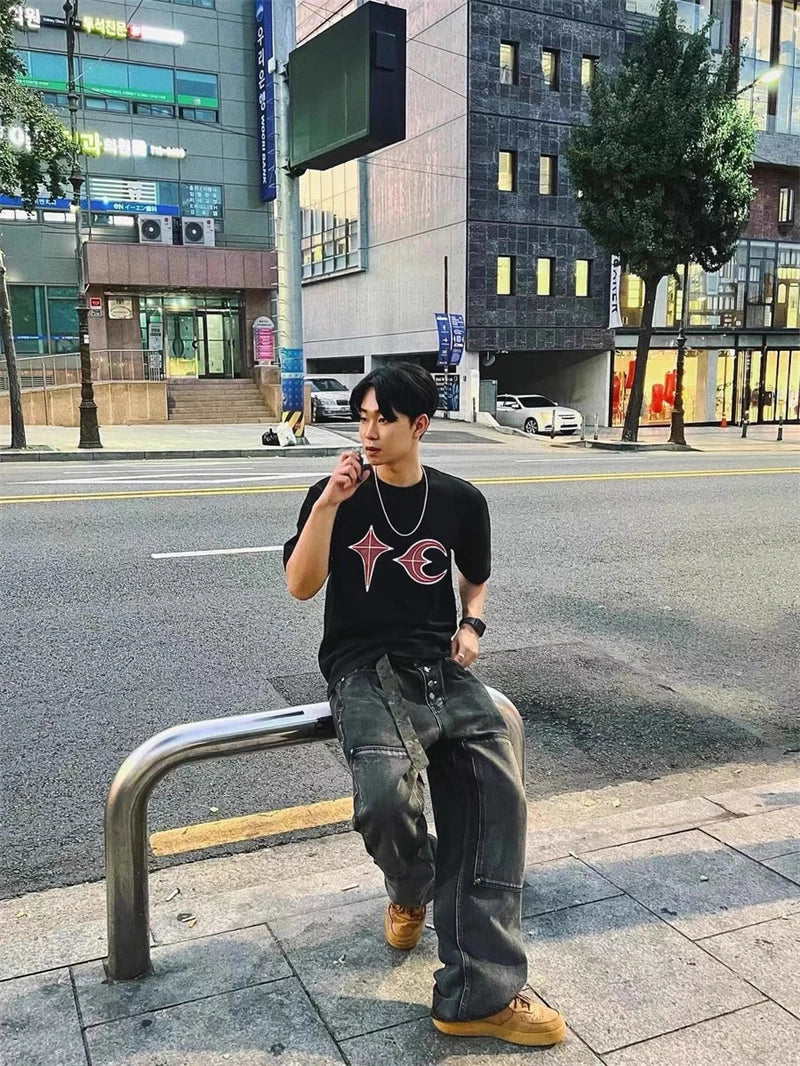 High Street Thug Club New Patchwork Embroidered Short Sleeved Casual Loose And Versatile Korean Street Solid Color T-shirt VTG Street King Limited