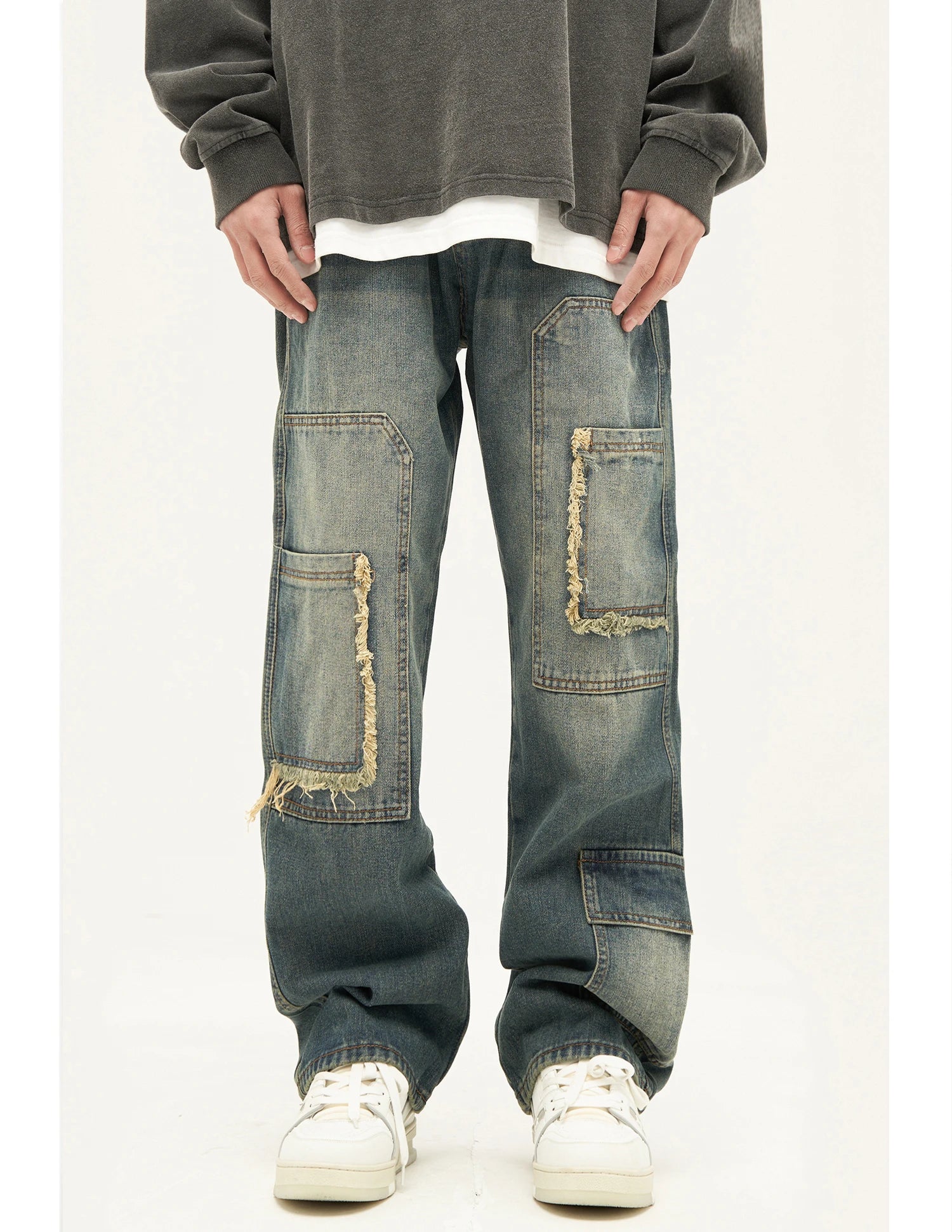 retro washed denim jeans destroyed ripped loose mens biker jeans side pocket fashion streetwear hip hop straight pants joggers unique joggers style 1195