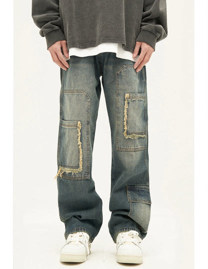 retro washed denim jeans destroyed ripped loose mens biker jeans side pocket fashion streetwear hip hop straight pants joggers unique joggers style 1195