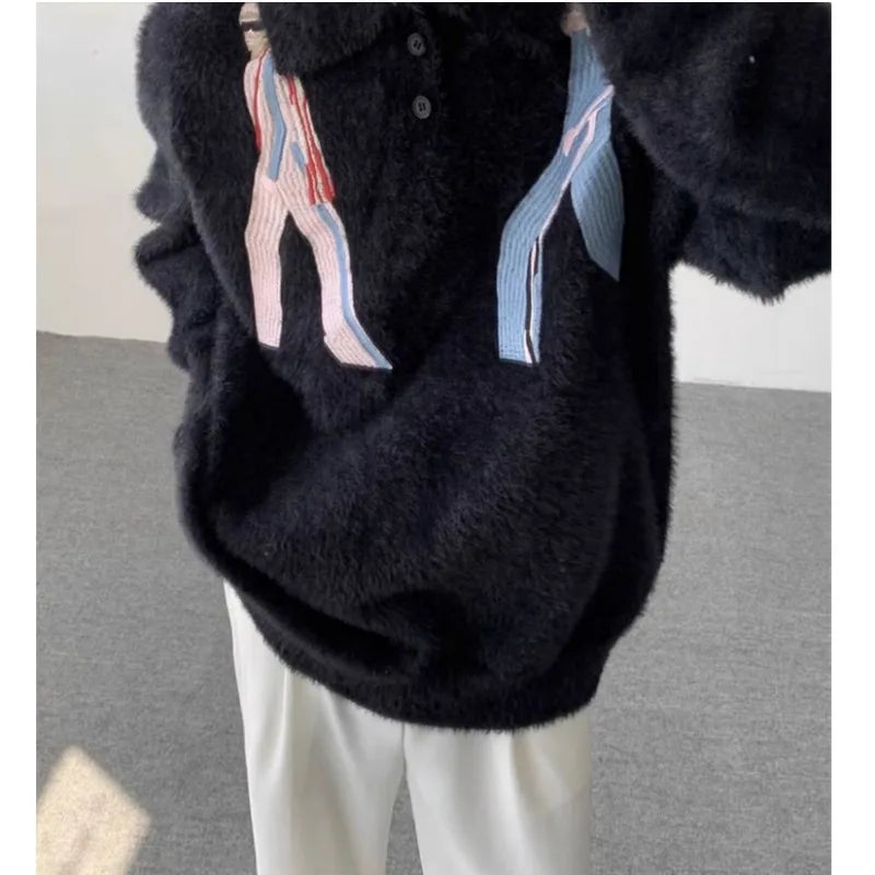 Korean Embroidery Lapel Sweater Mens Spring Street Trends Soft Seahorse Hair Loose Pullover Thickening Y2K Couple Knitwear New Street King Limited