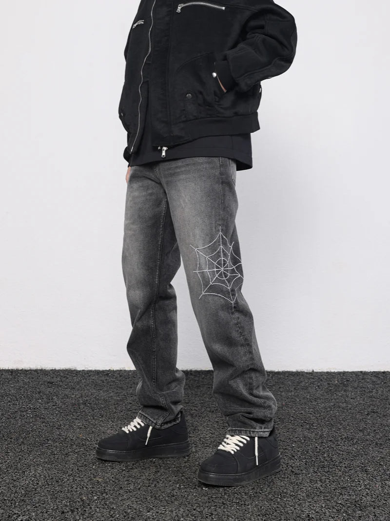 mens hip hop streetwear denim pants cobweb embroidery denim pants 2023 harajuku zipper cotton joggers jeans trousers harem pants relaxed fit joggers