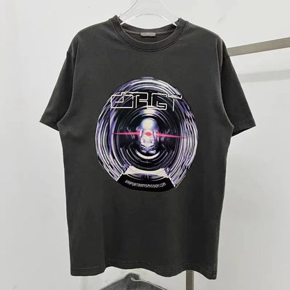 New Vintage Wash T Shirts Men Woman Abstract Luminescence Blue Ribbon Future Warrior Printing Loose Casual Top Tees Street King Limited