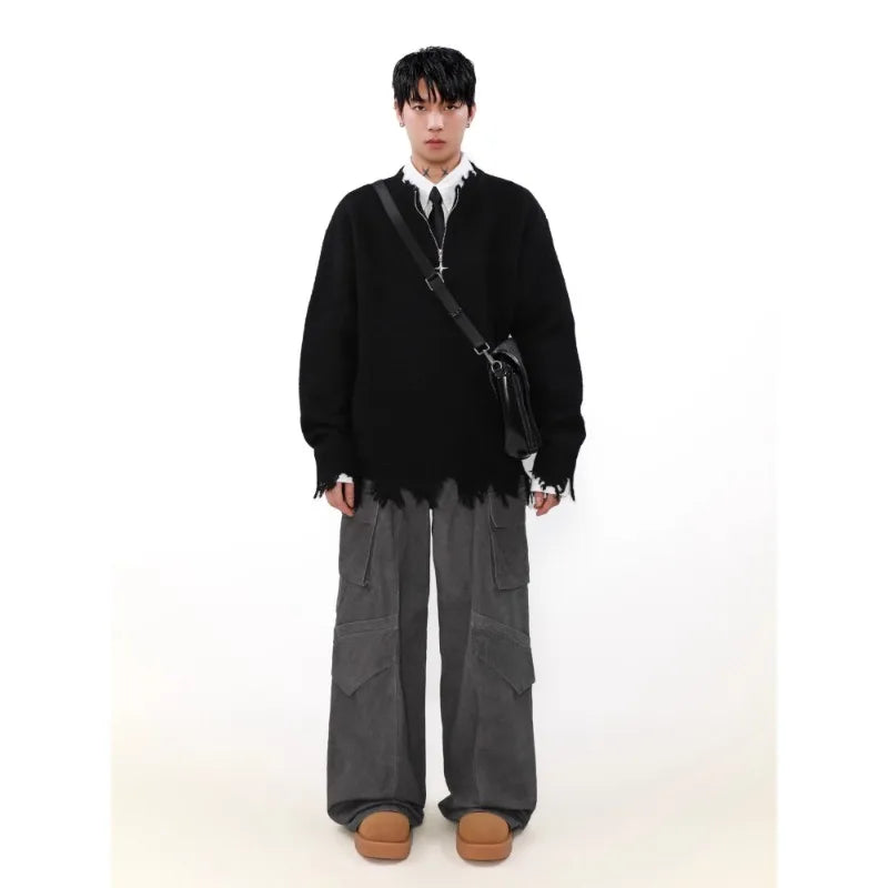 American High Street Mens Sweater 2024 New Autumn Half Zipper Fashion Knitted Tops Damaged Hip-hop Irregular Hem Pullover Street King Limited