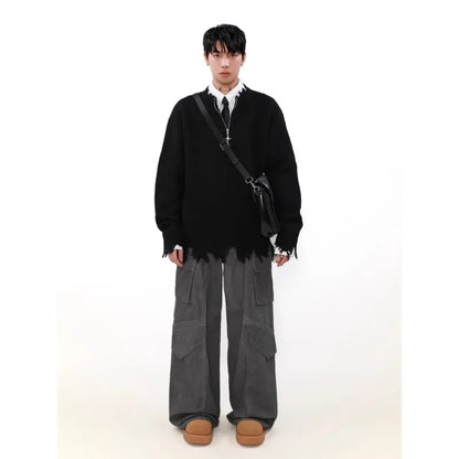 American High Street Mens Sweater 2024 New Autumn Half Zipper Fashion Knitted Tops Damaged Hip-hop Irregular Hem Pullover Street King Limited