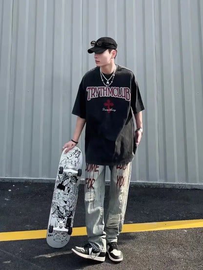 Heavy cotton short-sleeved T-shirt men's spring and summer loose European and American style high street hiphop T-shirt tops emo Street King Limited