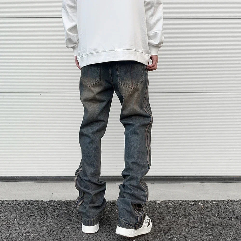 high street vibe washed striped flared jeans dark blue distressed jean casual side stripes slim micro flared jeans pants male unique jeans style 1658