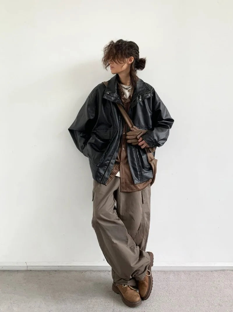 japanese spring pu leather jacket mens high street black profile tooling pilot jacket loose standing collar motorcycle outwear unique default style 2068