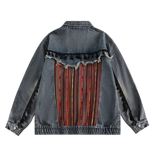 High Sense Men's Ethic Style Striped Patchwork Washed Denim Jackets Small Tassel Raw Edge Lapel Button Jeans Jacket All-match Street King Limited