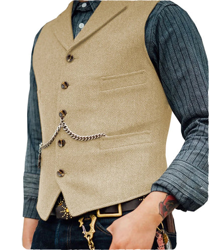 Business Mens Suit Vest Lapel V Neck Wool Herringbone Casual Brown Waistcoat Casual Formal Groomsman Jacket For Wedding Street King Limited