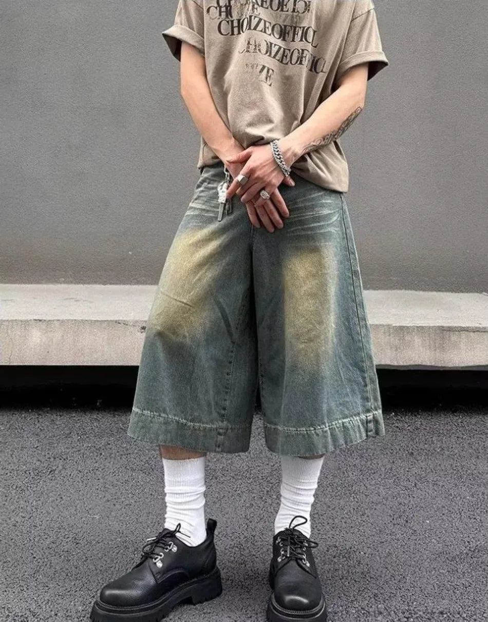 Summer Trend Denim Cropped Trousers Mens American Hip Hop Washed Wide Leg Shorts Unisex  High Street Straight Cowboy Mid Pants Street King Limited