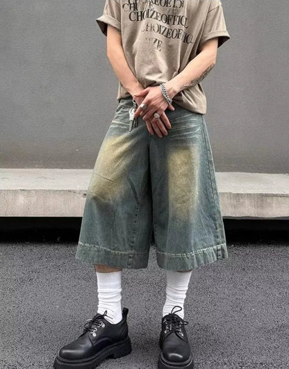 Summer Trend Denim Cropped Trousers Mens American Hip Hop Washed Wide Leg Shorts Unisex  High Street Straight Cowboy Mid Pants Street King Limited