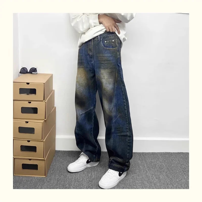 autumn hip hop graffiti painted baggy jeans mens y2l streetwear wide leg denim pants punk fashion distressed gradient jean unique jeans style 279