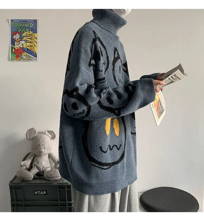 Korean literature art turtleneck sweater men autumn winter lazy style knitted sweater cartoon devil print wool clothes pullovers Street King Limited