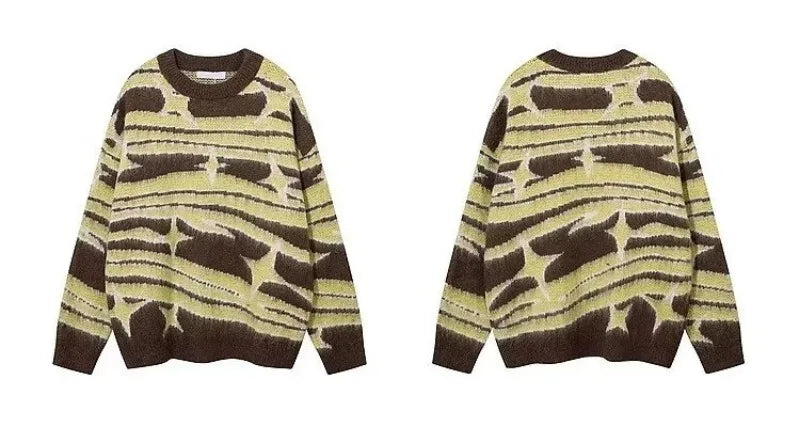japanese hip hop sweater set men contrast zebra pattern round neck knit top splicing distressed loose jeans 2 pcs harajuku suit unique jeans style 3957