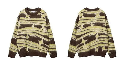 japanese hip hop sweater set men contrast zebra pattern round neck knit top splicing distressed loose jeans 2 pcs harajuku suit unique jeans style 3957