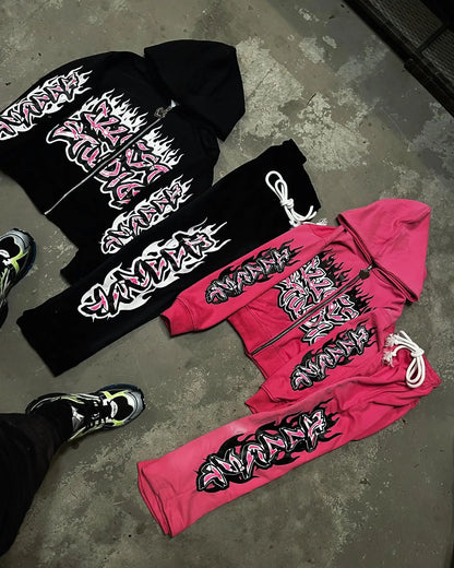 American Gothic Trendy Gothic Letters Printed Oversized Sweatshirt Set Men's Fashion Casual Loose Pants Zippered Sweatshirt Street King Limited