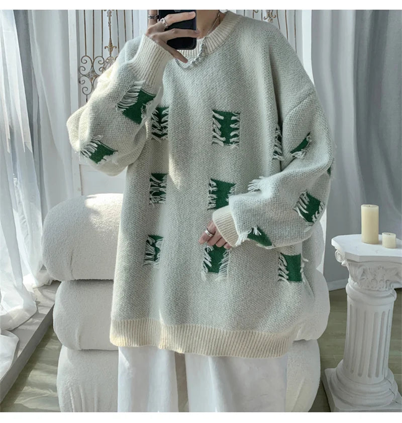 2025 New Ripped Design Crewneck Sweater For Men High Street Patchwork Knitted Jumpers Y2K Vintage Christmas Knitwear Pullovers Street King Limited