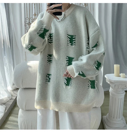 2025 New Ripped Design Crewneck Sweater For Men High Street Patchwork Knitted Jumpers Y2K Vintage Christmas Knitwear Pullovers Street King Limited