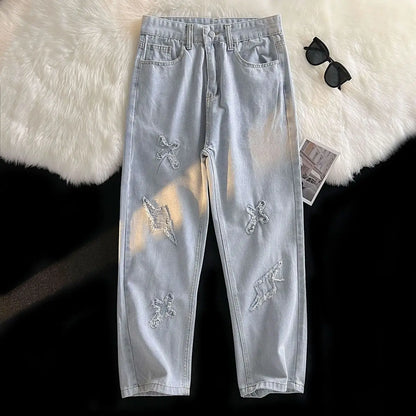 Korean Street Style Retro Pants Raw Edge Cross Jeans Design Y2K Personality Men and Women Niche Hip-hop Loose Sports Jeans Street King Limited